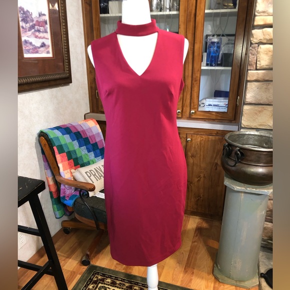 CALVIN KLEIN SIZE 8 MAROON SLEEVELESS BODY CON DRESS WITH CUT OUT CHEST HIGH NEC - Picture 1 of 3